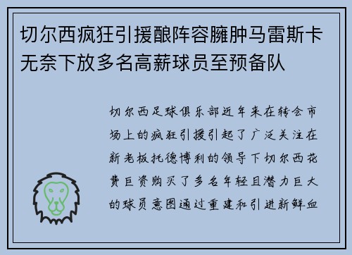 切尔西疯狂引援酿阵容臃肿马雷斯卡无奈下放多名高薪球员至预备队